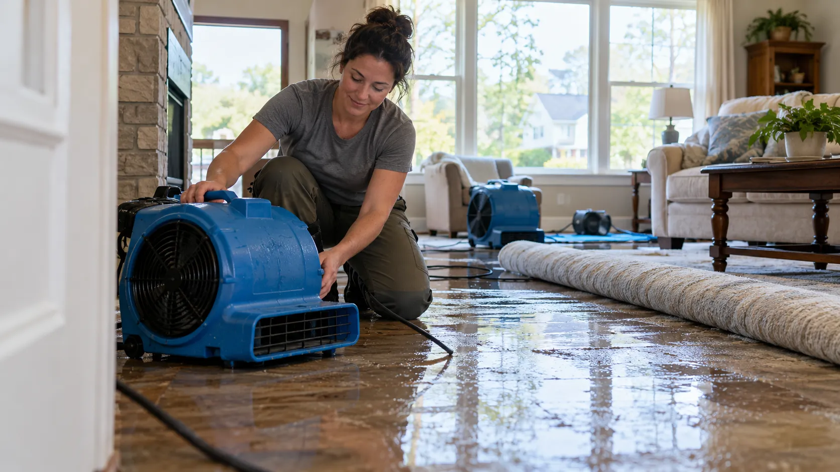 Water damage restoration technician drying a flooded living room in New Orleans